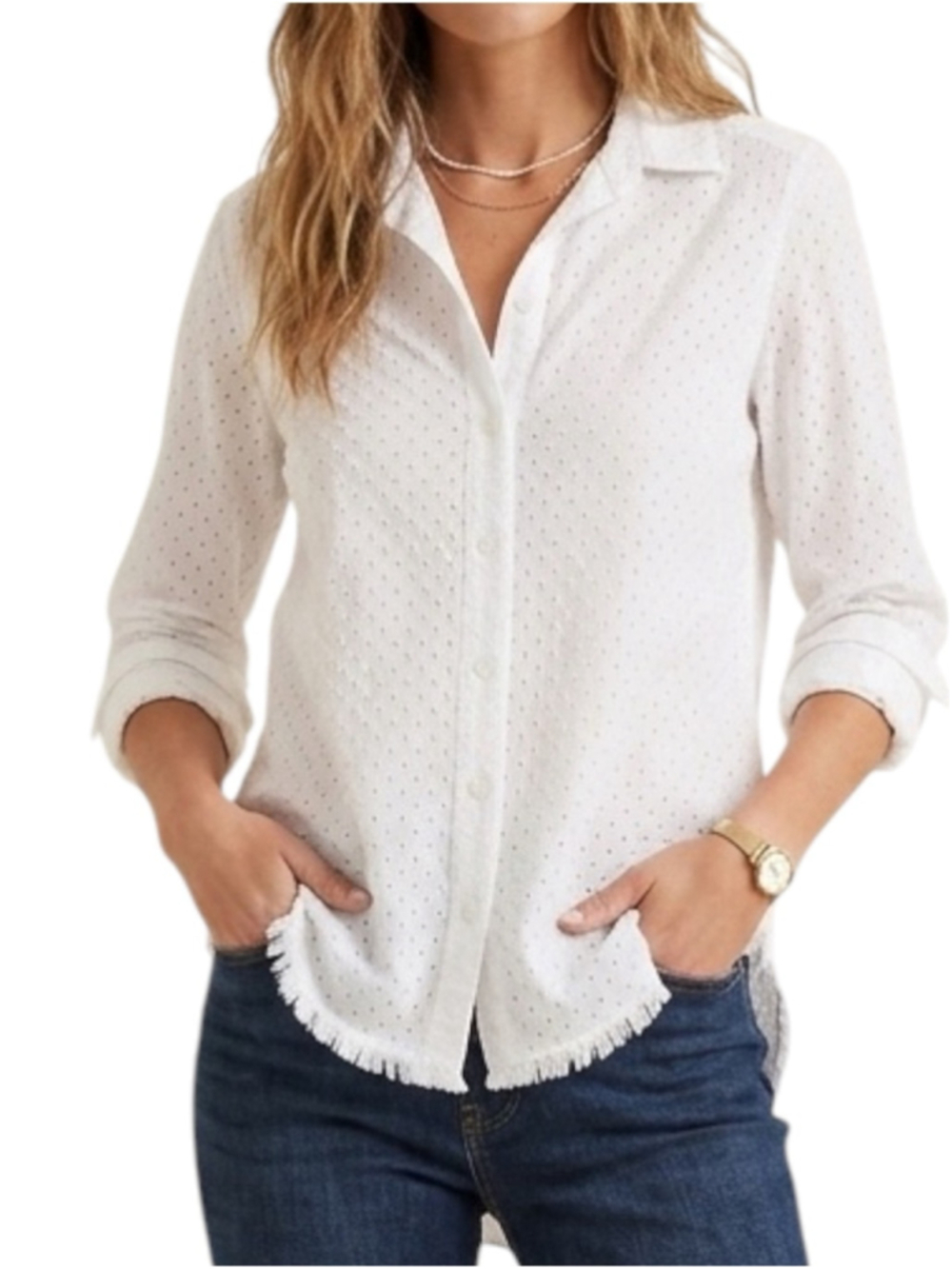 Bella Dahl Eyelet Button-Front Shirt White Size XS Frayed Hem